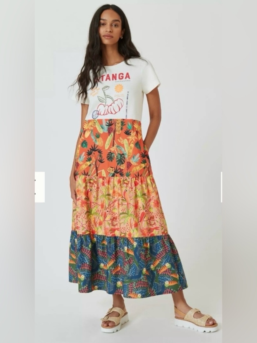 Farm Rio x Anthropologie Pitanga Mixed Print T-Shirt Tiered Maxi Dress S